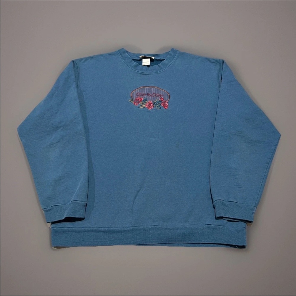 Vintage Oshkosh Womens Blue Embroidered Floral Logo Crewneck Sweatshirt Size M
